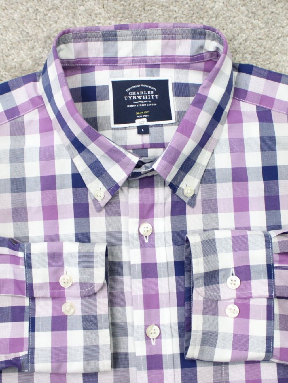 Charles Tyrwhitt Shirt Mens Large Purple/Blue Plaid Slim Fit Non-Iron Cotton L/S